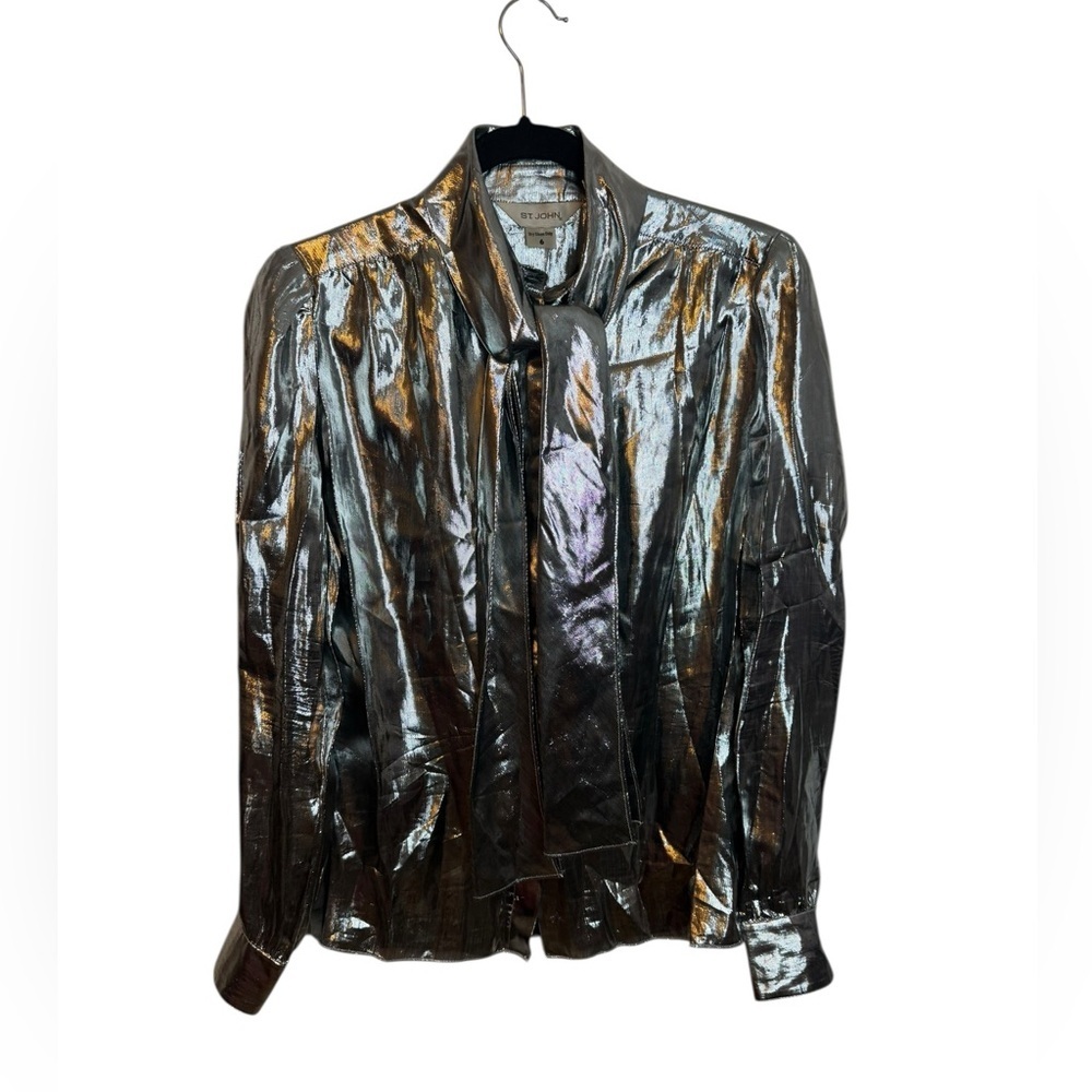 St. John Vintage Silver Metallic Neck Tie Blouse